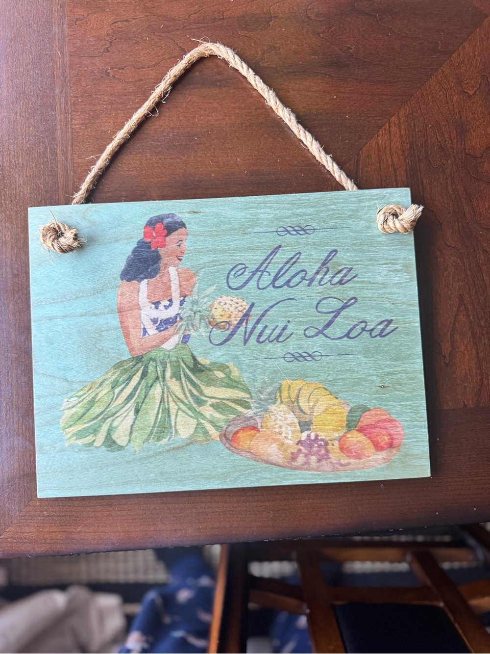 Aloha Nui Loa Hawaiian Hula Girl Wall Sign - Teal & Multicolor Soha Living
